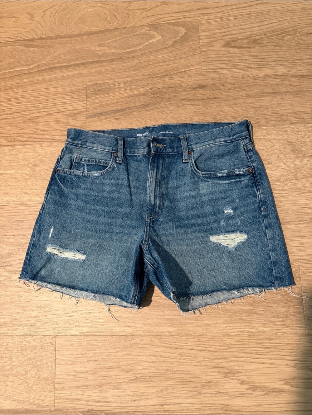 Old Navy Blue High Rise Slouchy Straight Distressed Raw-Hem Jean Shorts